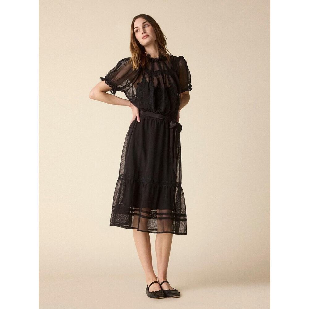 St. Roche Leith Lace Floral Embroidered Midi Dress Black Size 0 Puff Sleeves NWT